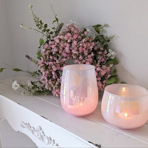 Set of 2 lantern decorative vase pink iridescent glass, candle holder glass, candlestick image 1