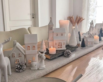 Set of candle houses: 7 pieces - a whole village of candle houses + 2 reindeer, white ceramic, village of lights, candlesticks, church Christmas village