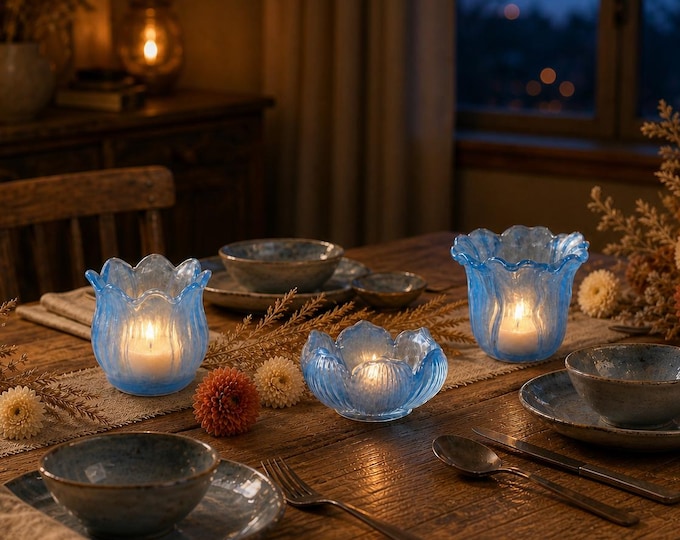 Featured listing image: Blue glass votive candle holder in 3 shapes, tealight holder