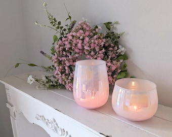 Set of 2 lantern decorative vase pink iridescent glass, candle holder glass, candlestick