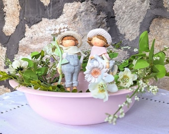 Pink zinc bowl with girl and boy, bowl, zinc bowl, antique