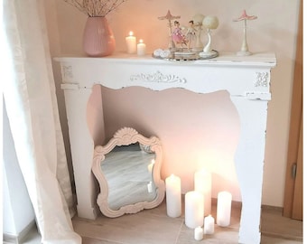 Decorative fireplace console in white in shabby look, fireplace, decorative fireplace, decorative trend fireplace, firewood rack, fireplace console, fireplace surround