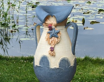 Bodenvase, Keramikvase, Pflanztopf, Übertopf, Vase, Dekovase mit Kragen stein/blau