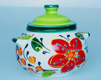 Keramikdose Dose mit Deckel Keksdose Keramik Aufbewahrung weiß mit Blumenmuster 23 Flor verde