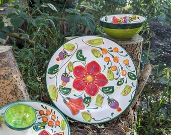 Speiseteller Teller runde Platte Keramikteller weiß mit Blumenmuster Flor verde 49-2
