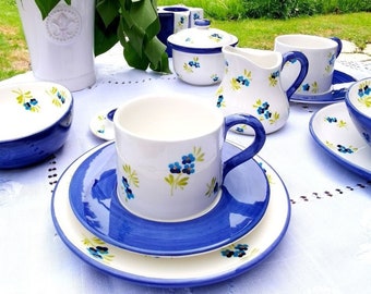 Kaffeetasse mit Teller Frühstücksset Keramik Millefleur blau Robu 0549 R