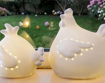 Set of 2 white LED chickens, Easter decoration, home decor, porcelain chickens white FF07704360