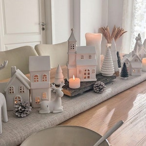 Set of candle houses: 7 pieces a whole village of candle houses 2 reindeer, white ceramic, village of lights, candlesticks, church Christmas village image 1