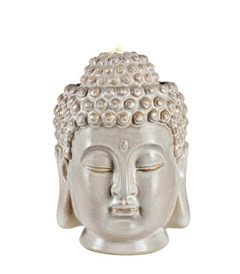 großer Brunnen Zen Buddha Kopf aus Keramik für innen und außen mit LED Beleuchtung creme-grau Feng shui Bild 7
