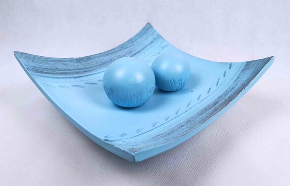 Bowl Square 30 Cm Light Blue With 2 Decoration Ceramic Balls Etsy