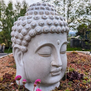 großer Brunnen Zen Buddha Kopf aus Keramik für innen und außen mit LED Beleuchtung creme-grau Feng shui Bild 5