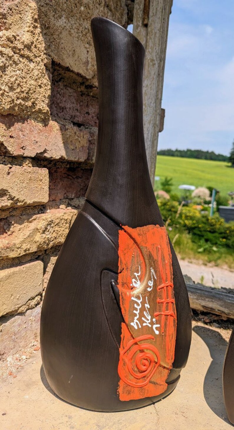 Bodenvase, Keramikvase, Vase, Dekovase dunkelbraun/schwarz mit gold orange weißen Applikationen große Vase