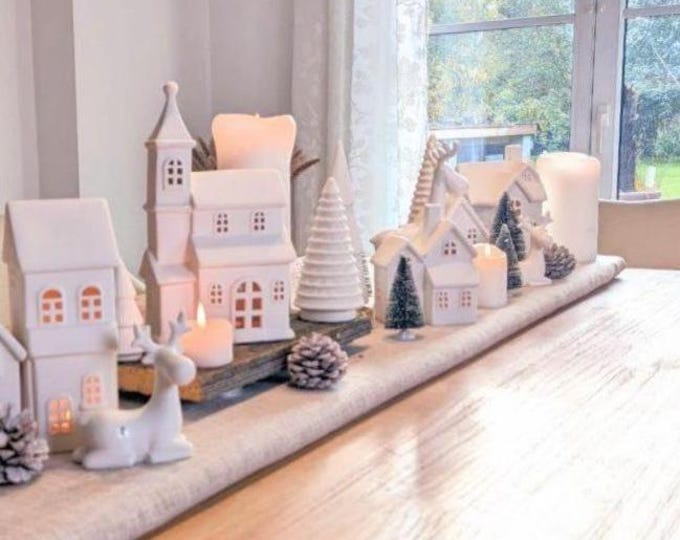 Featured listing image: Lighthouse set, matte ceramic, white, 13 pieces, including church, fir trees, reindeer, Christmas decorations, Christmas village