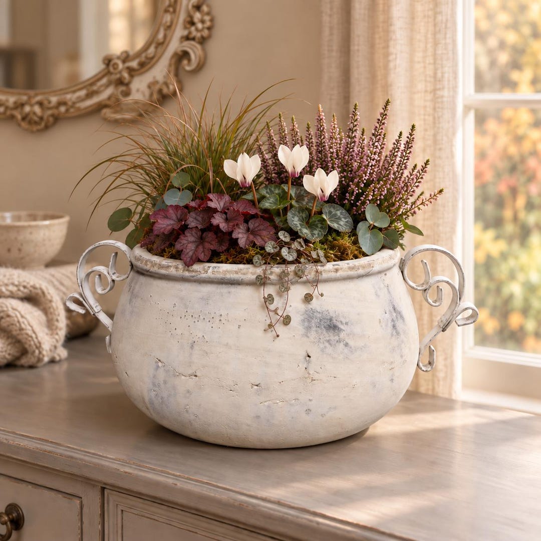 Blumentopf Vintage Keramik creme, Pflanztopf im Landhausstil, Shabby Chic Keramik Topf, Übertopf Vintage breit ohne Fuß 02114860ER