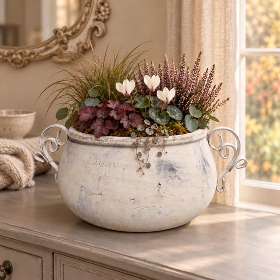 Blumentopf Vintage Keramik creme, Pflanztopf im Landhausstil, Shabby Chic Keramik Topf, Übertopf Vintage breit ohne Fuß 02114860ER