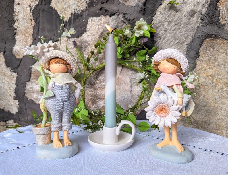 Flower girl flower boy, table decoration, spring decoration, girl figure, pink cream blue 6000/7000 2er+Kerze+Ständer