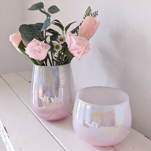 Set of 2 lantern decorative vase pink iridescent glass, candle holder glass, candlestick image 2