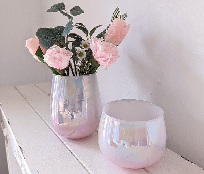 Set of 2 lantern decorative vase pink iridescent glass, candle holder glass, candlestick image 2