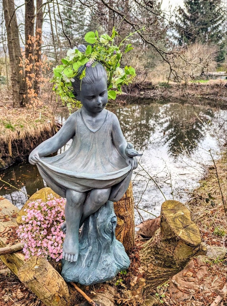 Bird fountain, figure girl special ceramic 82 cm, garden figure fountain girl standing image 3