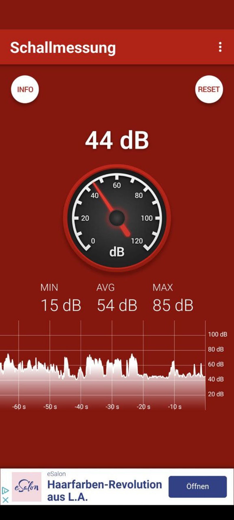 May include: A red screen displays a sound level meter app. The meter reads 44 dB, with a needle pointing to the 44 mark on a circular gauge. Below, a graph shows sound levels over time. Text includes "Schallmessung", "INFO", and "RESET".
