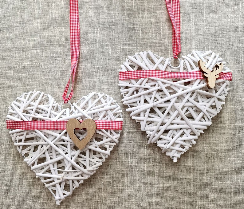 Heart decoration, window decoration, door hanger, wreath, window hanger set of 2 Little hearts FF1-224601 2 kariertes Band