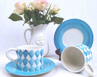 Kaffeetasse mit Teller hellblau Frühstücksset Keramik Abano blu 0549 R rombi