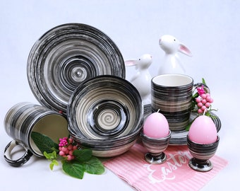 Frühstücksset schwarz weiß 4 teilig kombinierbar Keramikset Geschirrset Geschirr 47-2,10-2,49-4,68 sol negro