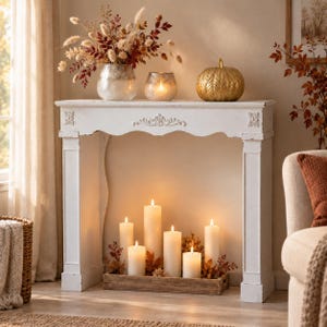 Decorative fireplace console in white in shabby look, fireplace, decorative fireplace, decoration trend fireplace, firewood rack, fireplace console, fireplace surround