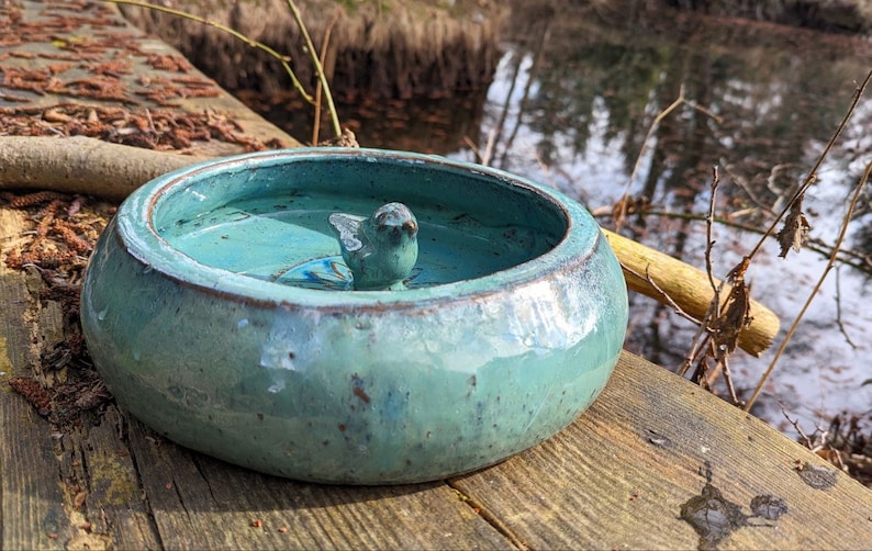 Bird bath ceramic ocean blue, bird decoration, garden decoration, bird house, bird fountain oceanblue 29 8 image 2