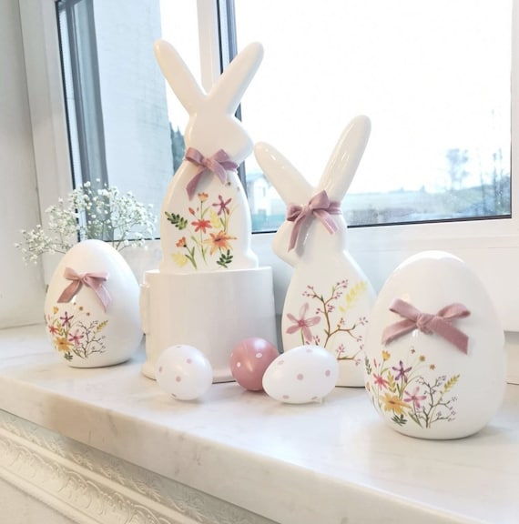 Hasenpaar + Ostereier Porzellan 2er Set, Porzellanhase, Hase, Osterdeko, Ostern 