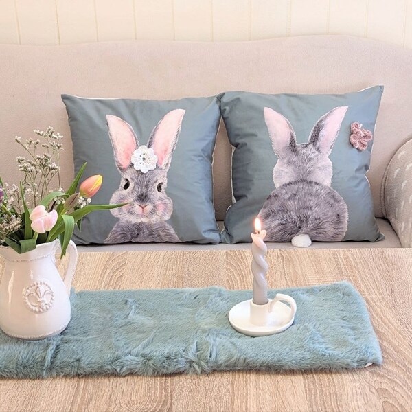 2-er Set samtige Kissenhülle Hase, Samtkissen Ostern, Osterdeko, Hasenkissen