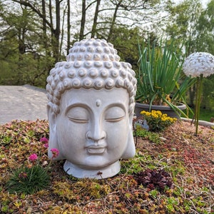 großer Brunnen Zen Buddha Kopf aus Keramik für innen und außen mit LED Beleuchtung creme-grau Feng shui Bild 3