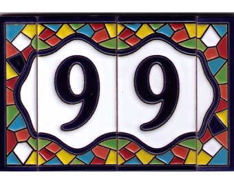 Adressschild, Keramiknummer, Namensschild, Keramikbuchstabe, Hausnummer GAUDI Fliese blaue Zahl bunter Rand Fliesenscherben  Zahl 0 - 9