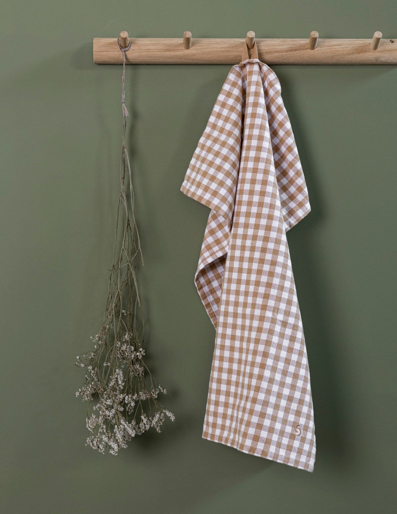 Set of 2 recycled cotton tea towels beige checked, recycling, cotton, kitchen textiles Sweden image 4