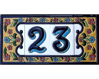 Adressschild, Keramiknummer, Namensschild, Keramikbuchstabe, Hausnummer SEVILLA Keramik Blumenrand Fliese Zahl Nummer 0 - 9