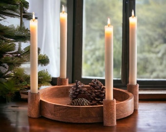 Holztablett, Kerzenhalter Holz, Kerzenständer, Holz deko, Board "Mangoholz" mit Kerzenhalter