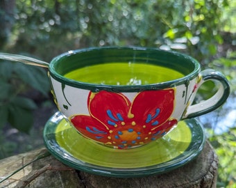 Kaffeetasse Suppentasse Tasse Teller Milchkaffee Set Geschirr Set Keramik Frühstücksset mit Blumenmuster 67 Flor verde