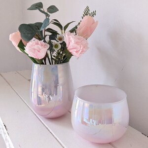 Set of 2 lantern decorative vase pink iridescent glass, candle holder glass, candlestick image 4