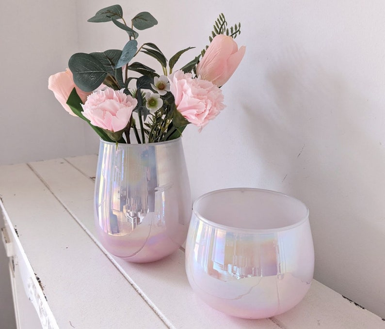 Set of 2 lantern decorative vase pink iridescent glass, candle holder glass, candlestick image 4