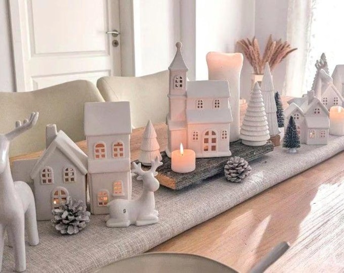 Featured listing image: Lighthouse set, matte white ceramic, 7-piece, including church, Christmas decorations, Christmas village, candlesticks, Christmas Village