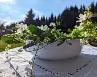 Schale Zink weiß mit Blumenkranz + Schwimmkerzen, Schüssel, Zinkschüssel, Antik