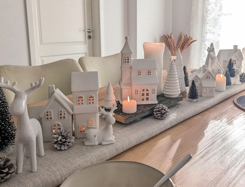 Set of candle houses: 7 pieces a whole village of candle houses 2 reindeer, white ceramic, village of lights, candlesticks, church Christmas village image 1