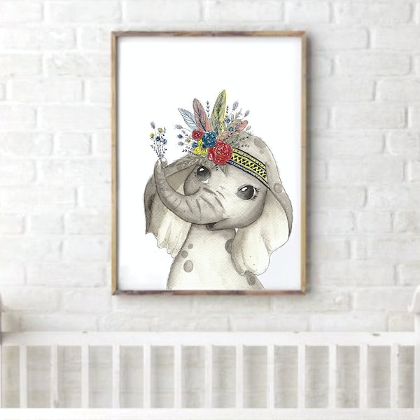 Tableau chambre enfant, éléphant aquarelle, animaux fleurs, éléphanteau