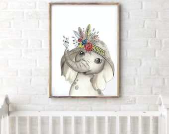 Tableau chambre enfant, éléphant aquarelle, animaux fleurs, éléphanteau