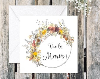 Carte voeux mariage, couronne de fleur, idée cadeau, aquarelle, cadeau mariage, carte mariés, fleurs, cadeau original mariage