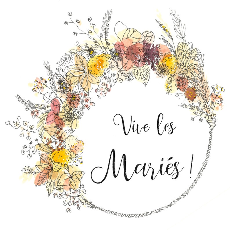 Carte voeux mariage, couronne de fleur, idée cadeau, aquarelle, cadeau mariage, carte mariés, fleurs, cadeau original mariage image 3