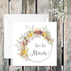 Carte voeux mariage, couronne de fleur, idée cadeau, aquarelle, cadeau mariage, carte mariés, fleurs, cadeau original mariage