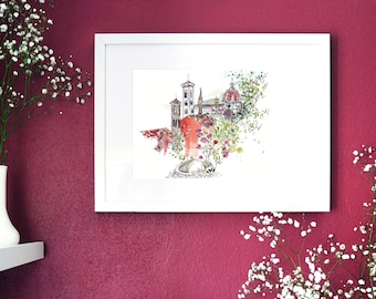 Dessin Florence Italie, Duomo, Jardin des roses, paysage, Italie, Toscane, havre de paix