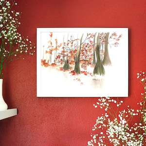 Kaalciprestekening, aquarelnatuur, herfstlandschap, magisch bos, rode bomen, reisschets, kunstprint, Frankrijk