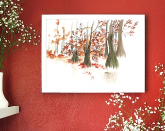 Bald Cypress drawing, watercolor nature, autumn landscape, magical forest, red trees, travel sketch, art print, France